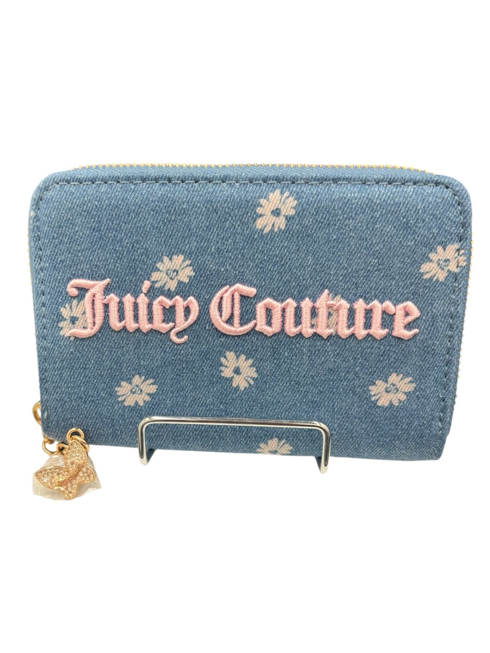 Juicy Couture Blue Denim Daisy Zip-Around Wallet Pink Logo NWOT